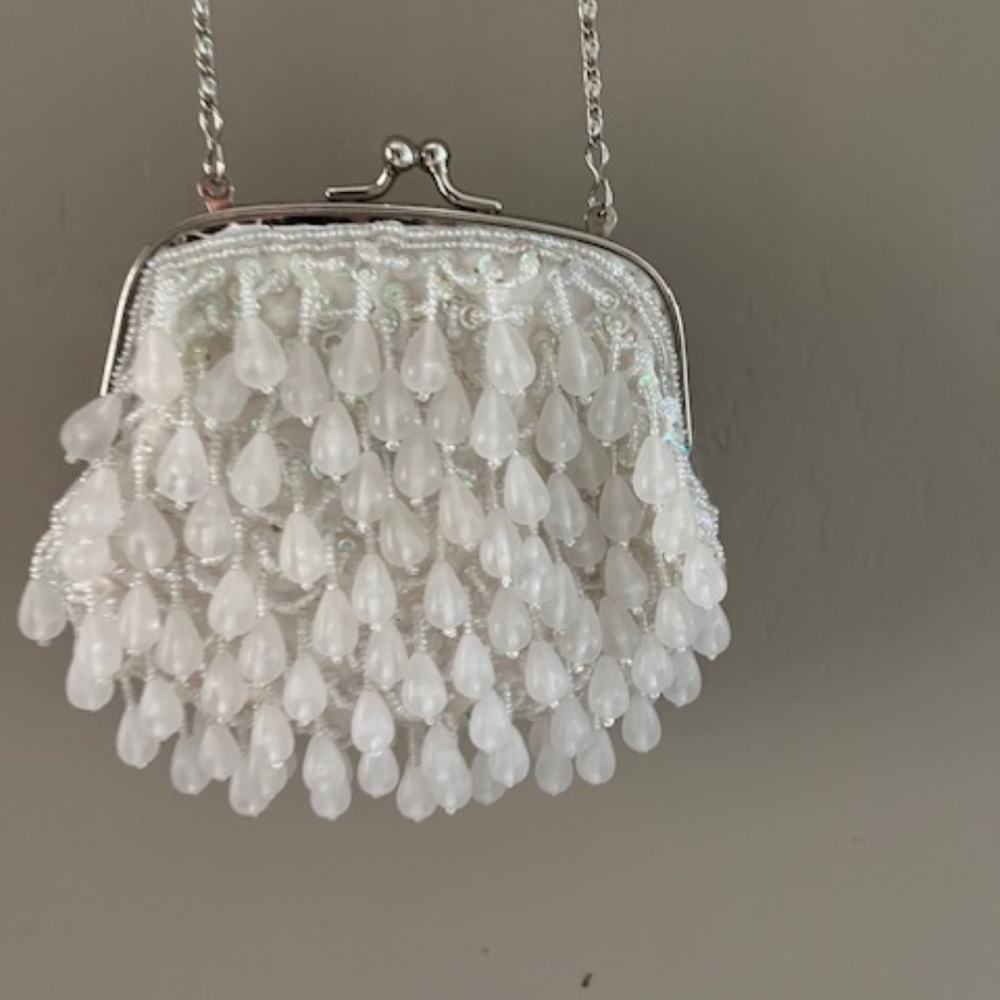 Vintage Swee Lo Ivory Beaded Sequined Kiss Lock Mini Evening Bag Bridal Hoco - Picture 2 of 9